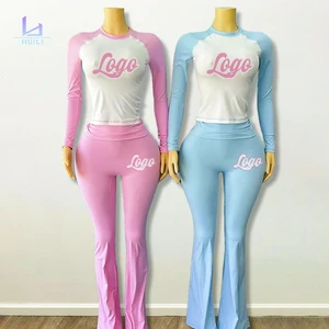 Huili Raglan Shoulder Crop Top Custom logo Two Piece Activewear Outfits Fold Over Flare Leggings Pajama Women Loungewear Sets