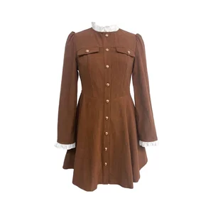 Vintage Burgundy Satin Corduroy Career Dress Long Sleeve Button Collar Gold Buttons Embroidered Front Logo Formal for Winter