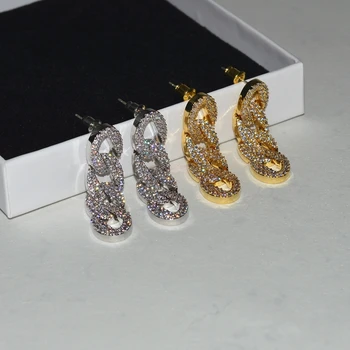 New Shiny Cubic Zirconia Cuban Link Chain Long Dangle Earrings Brass 18K Gold Plated Tassel Earrings Vintage Statement Jewelry
