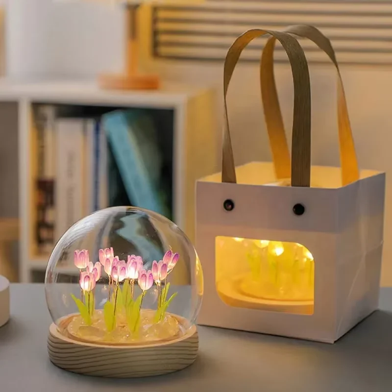 Home Decorative DIY Tulip Glass Table Lamp Night Light Mini Led Tulip Crystal Glass Ball Night Light