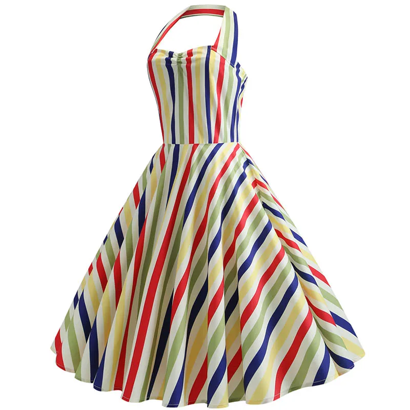 50s Womens Sleeveless Vintage Rockabilly Dress Halter Swing Colorful  Striped Retro Dress