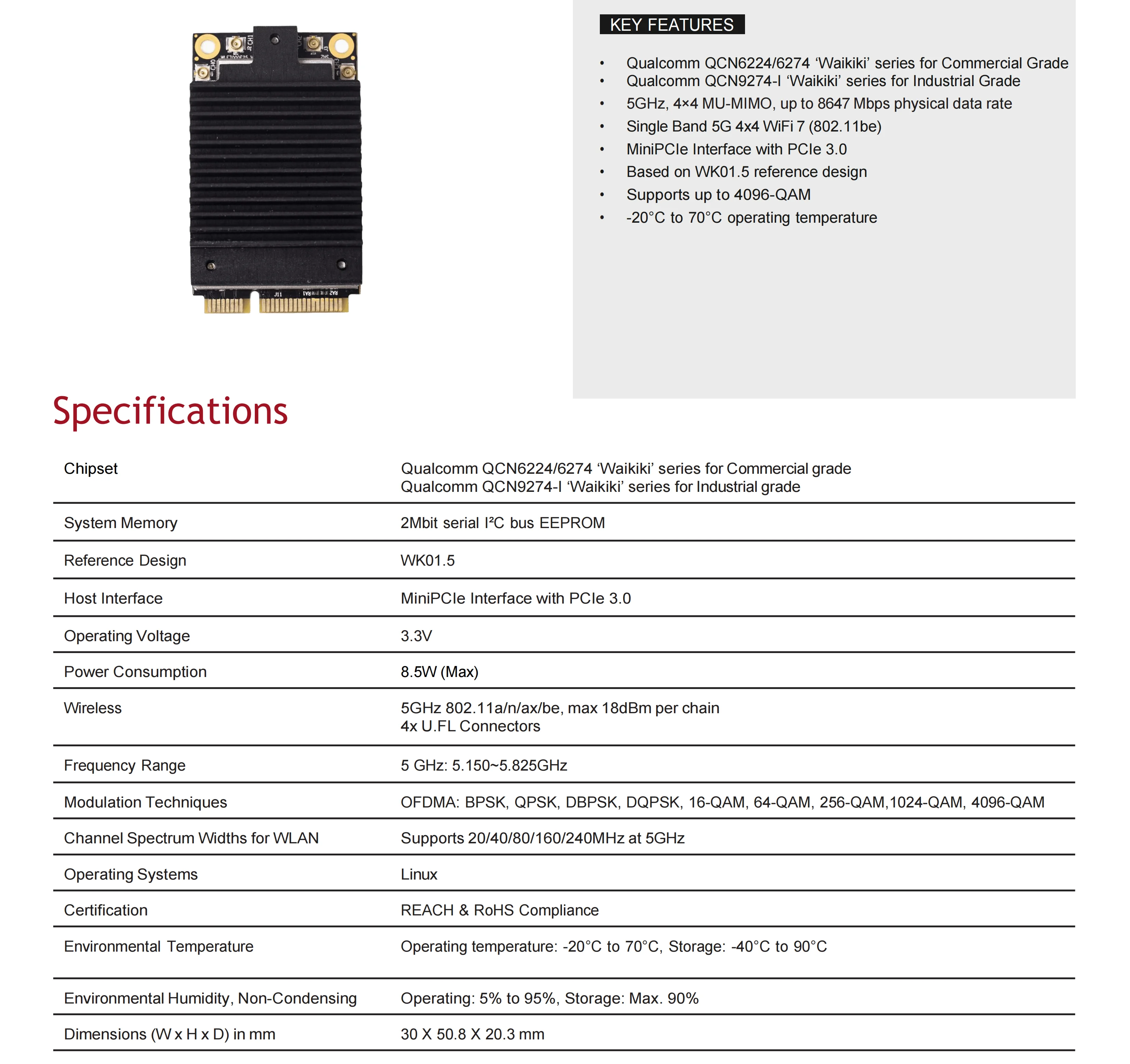Compex Qualcomm QCN9274-I Mini PCIe WiFi Module, 4x4 MU-MIMO, 5GHz 