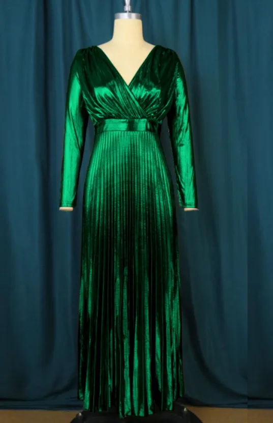 High Waist Shiny Elegant Gold Glitter Plus Size Women Dresses Pleated