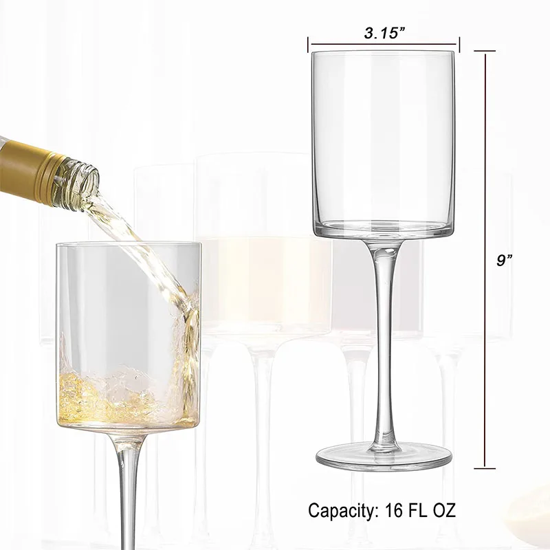 3.Set of 4 Unique Gift Large Red Wine Goblets 16 Ounce Long Stem Modern  Edge Crystal Square Wine Glasses