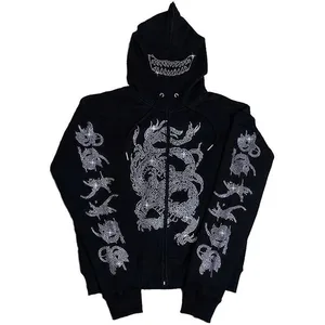Women and Men Rhinestone Waterproof Windproof Terry Fabric Oversized Zip-Up Hoodie Punk Jackets Street Wear Goth Harajuku