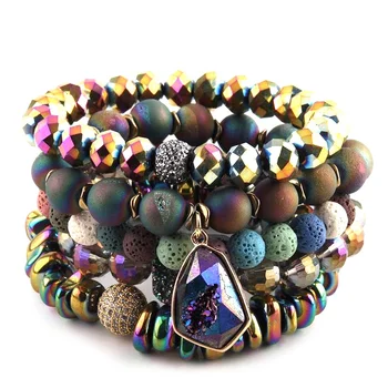 Women Fashion Jewelry Elastic Bracelet Sets Natural Druzy Stone & Magnetic Beads CZ ball Stretch Charm Stack Bracelet Set