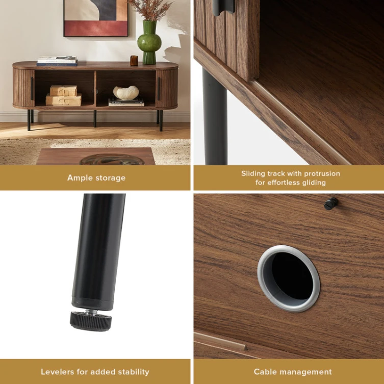 Factory Direct Brown Oak Rounded Curved Edges Tambour Door Media Console TV Cabinet Stand