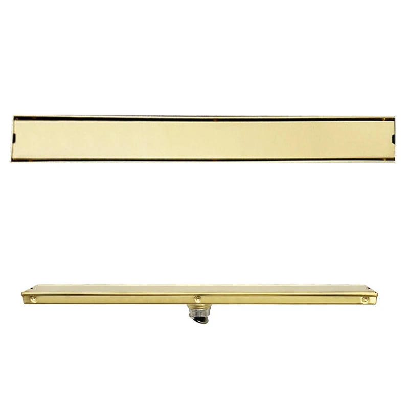 24 Inch Brushed Gold Uncoated Brass Modern Bathroom Shower Linear Rectangular Floor Drain