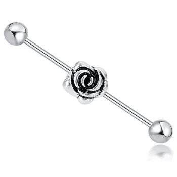 Woman Silver Plated Rose Flower Trendy Unisex Long Earrings stainless steel Body Piercing Jewelry Ear Studs Industrial Barbell