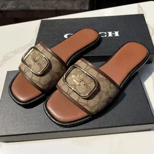 Summer Slip-On Casual Fashion Designer Breathable Bedroom slippers Fashion Office Square Toe Flat Sandals for Women and Ladies