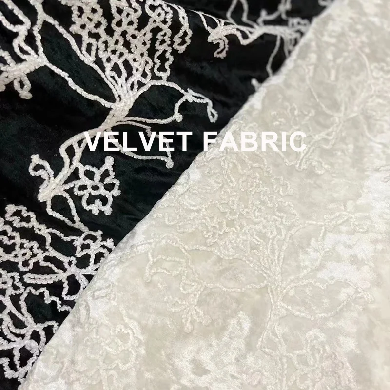 Nais Luxury Tree House Pattern Thick Winter Polyester Embroidered  Embossed 3d Flower Velvet Black Fabrics for Winter Clothing