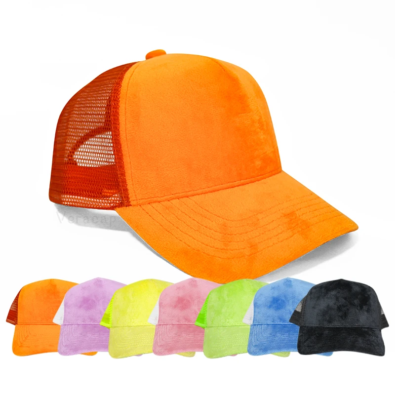 HN05 Custom Logo Embroidered Mesh Netted 5 Panel Fuzzy Blank Velvet Snapback Suede Baseball Hats Dad Velour Trucker Cap_voghion.com