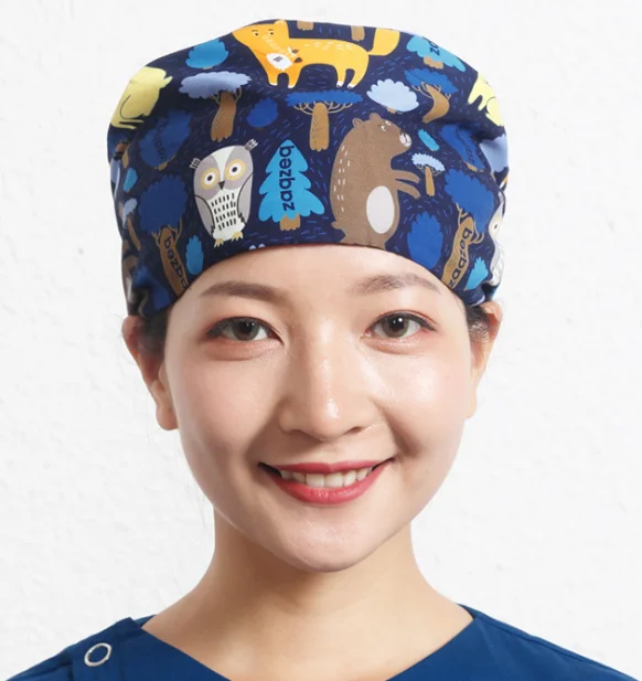 帽子深蓝色狗棉印花手术室帽子美容师女医生护士头发工作帽 - buy