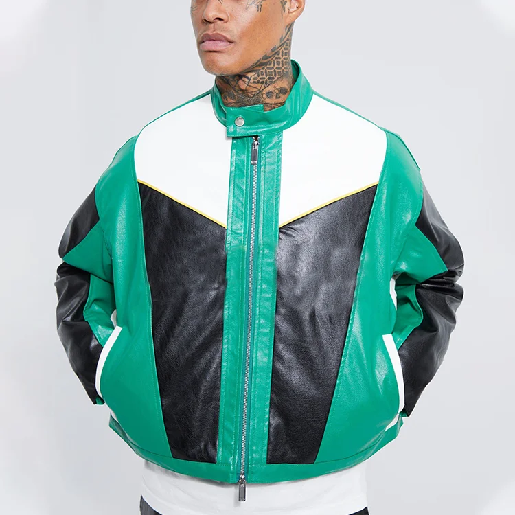 Boxy Funnel Neck Leather Jacket Men 100% Polyester Pu Spliced Applique Embroidered Zips Moto Jackets_voghion.com