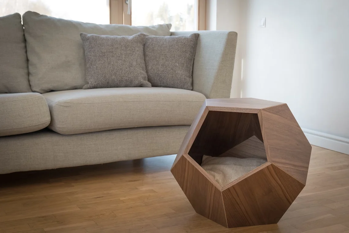 Modern Wood  Walnut Tree Veneered MDF Cat Cave  Bed, Pet Furniture Geometric Side Table