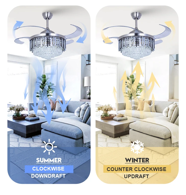 Luxury Crystal Gold Chandelier Reversible Invisible Retractable Ceiling Fan with Light