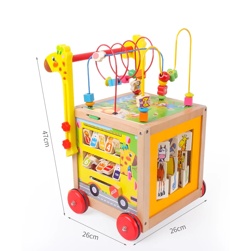 Infant Baby Early Walker Puzzle Multifunctional Learning Round Beads Educational Wooden Trolley Toys
