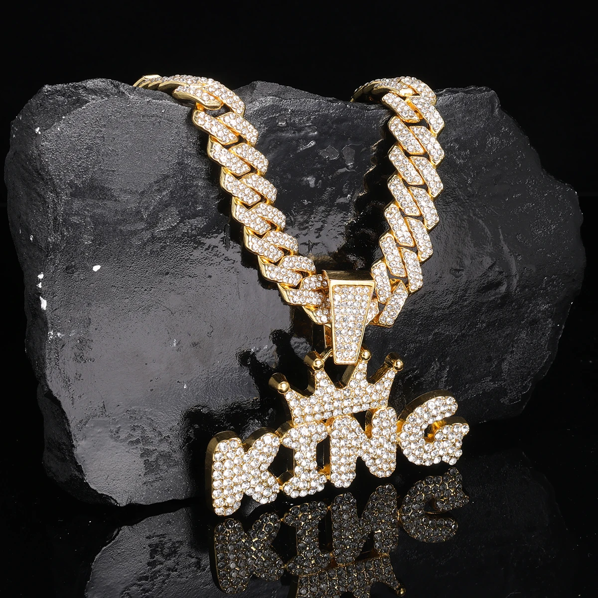 Hip Hop Crown King Pendant Necklace with Iced Out Cuban Link Chain for Men - Bling Rapper Pendant Jewelry