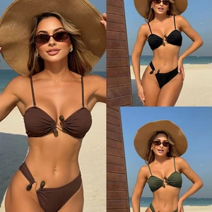 Women's Sexy Cut Out Bikini Set Solid Color Two-Piece Swimwear with Adjustable Straps and Beaded Details