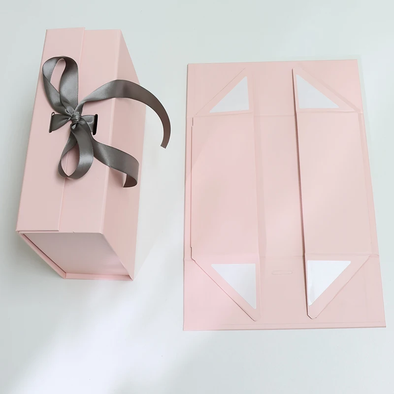 Luxury Custom Design Large pink Foldable Folding Paper Cardboard Gift Box Packaging with Ribbon