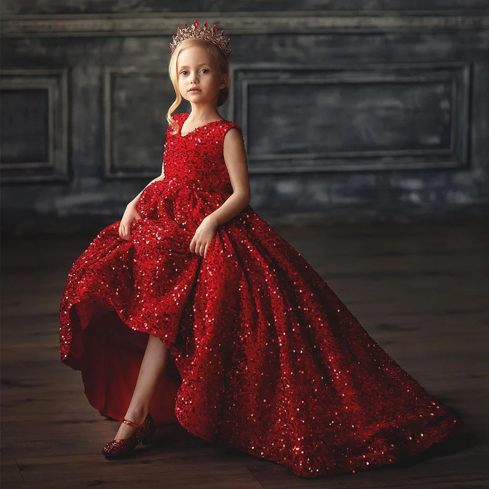 Super Quality Princess Red Christmas Ball Gown Girls Luxury Tail Glitter  Evening Party Dresses Kids Christmas Puffy Dresses