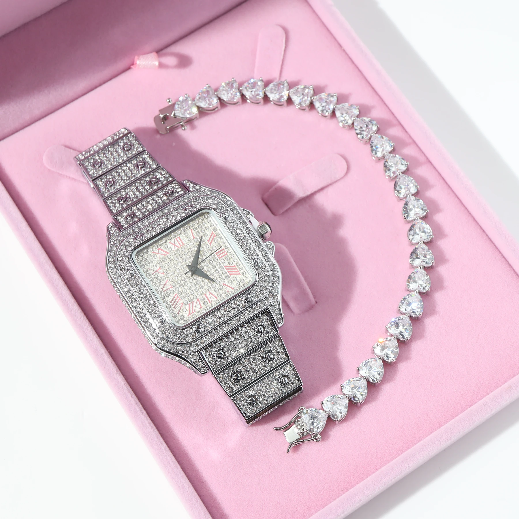 Iced Out Watch Cz Shiny Baguette Bracelet Set Women Hip Hop Bling Bling Bangle Watch Fashion