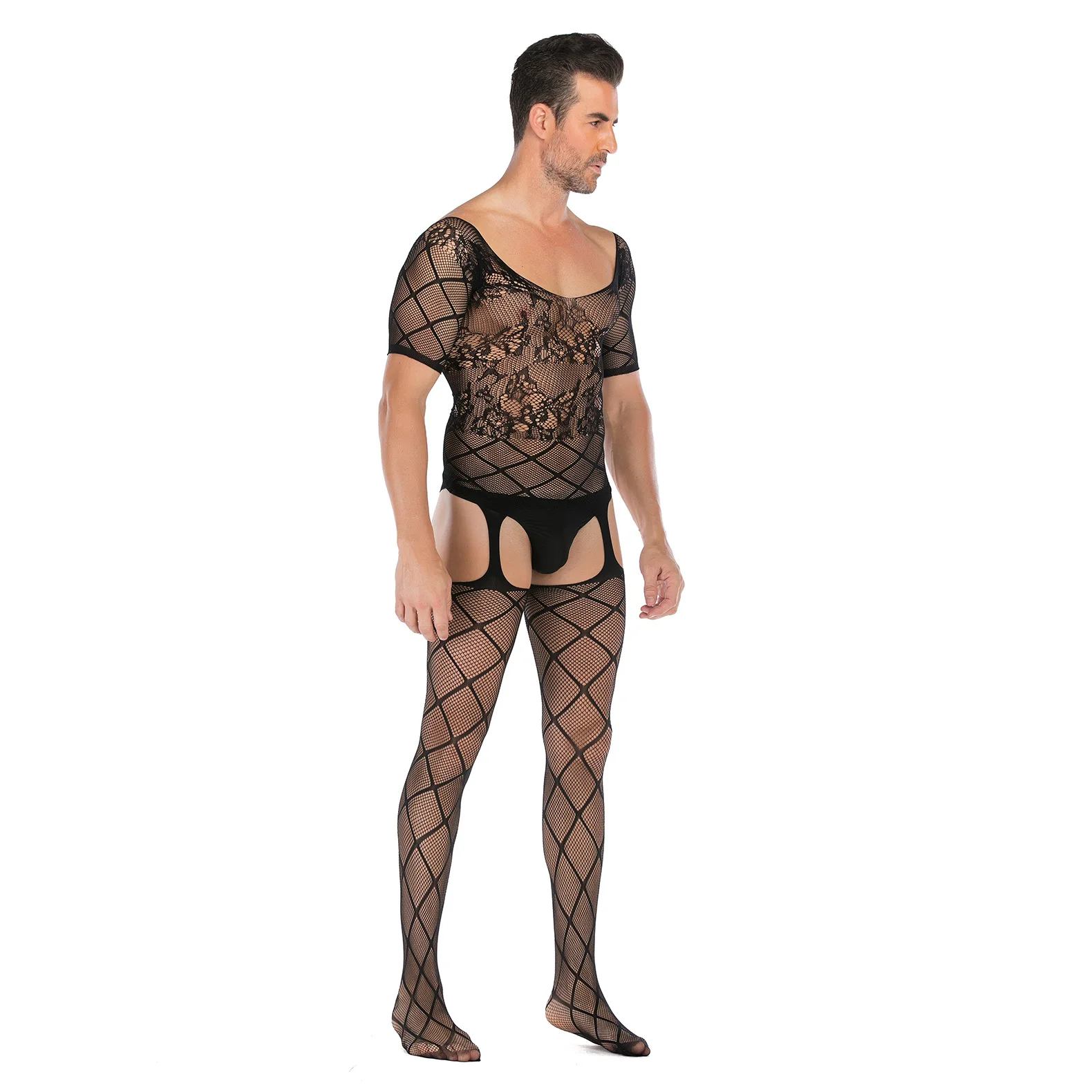 sexy männer kleidung Fetish Black Elastic Mesh High Collar Bodysuit main image 0