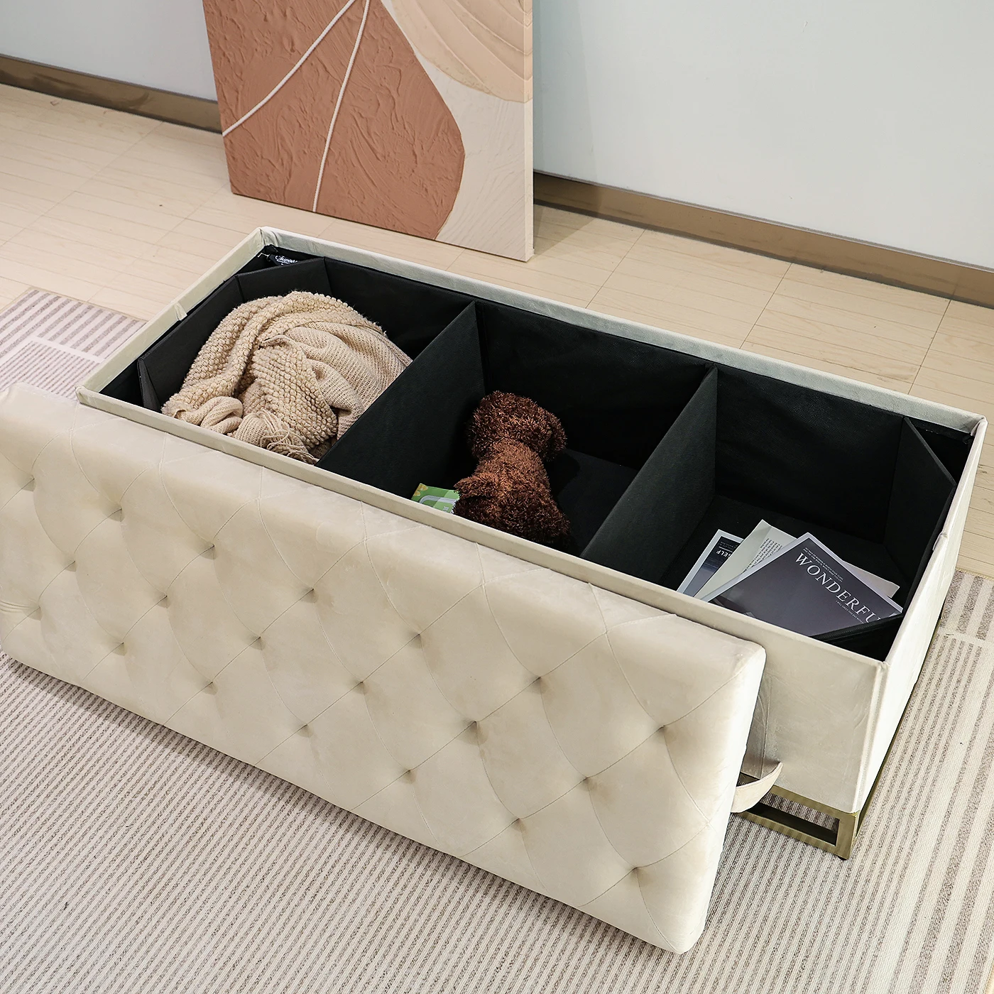 Luxury Modern Bench Stool Soft Fabric Ottoman for Living Room Shoe Changing Cloakroom Side Bed Ottoman Storage Bench