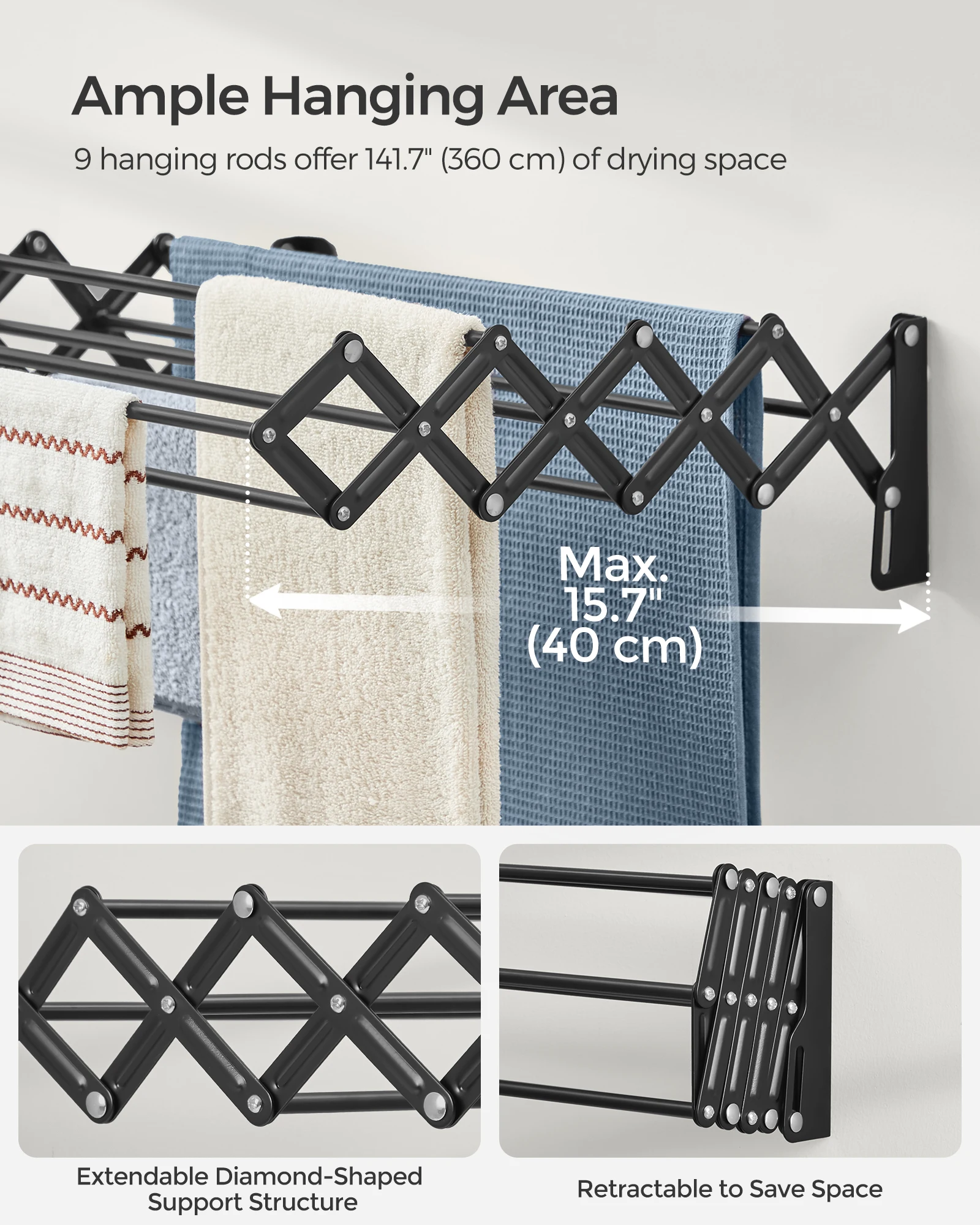 Songmics Wall Mounted Accordion Laundry Rack Folding Clothes Hanger