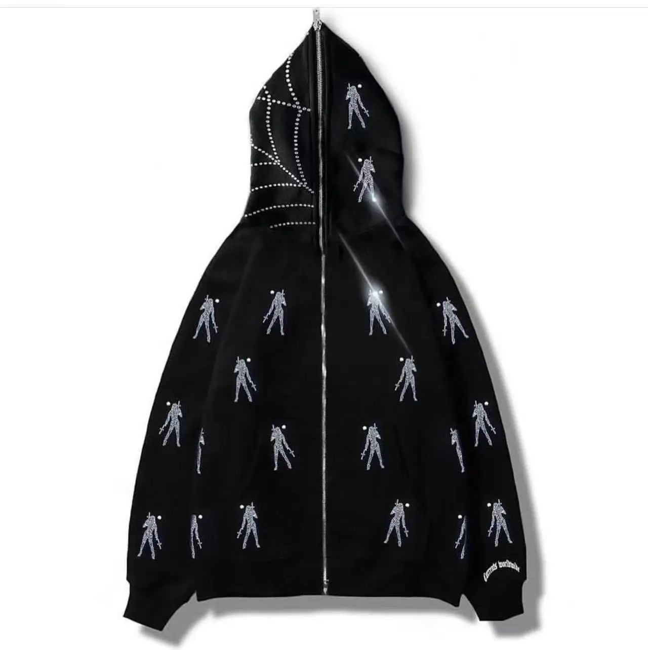 Salati Manufacturer High Quality Custom 500 GSM Thick Glitter Diamond Rhinestone Printed Oversized Full Zip up Hoodie for Men gallery 2