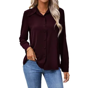Satin Autumn Winter Women's Solid Color Collared Button-Down Long-Sleeve Shirt