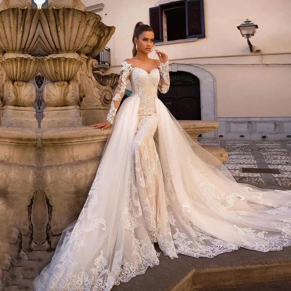 Lace Vestido de Novia Wedding Dress Off-Shoulder Mermaid Bridal Gown with Sleeve 