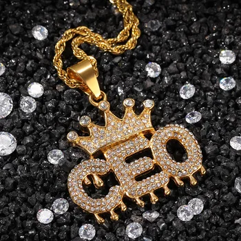 New Hip Hop Diamond Jewelry 18k Gold CEO Crown Plated Letter Stainless Steel Pendant Men's Pendant Charms Necklace
