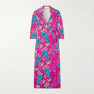 Clothing Manufacturer Custom Spring Autumn Polo Collar Long Sleeve Print Silk Wrap Women Elegant Casual Dress