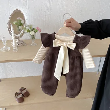 Autumn Korean Style Baby Girl Rompers Set 100% Cotton Casual Long Pants Baby Jumpsuit Bow Strap Button Closure
