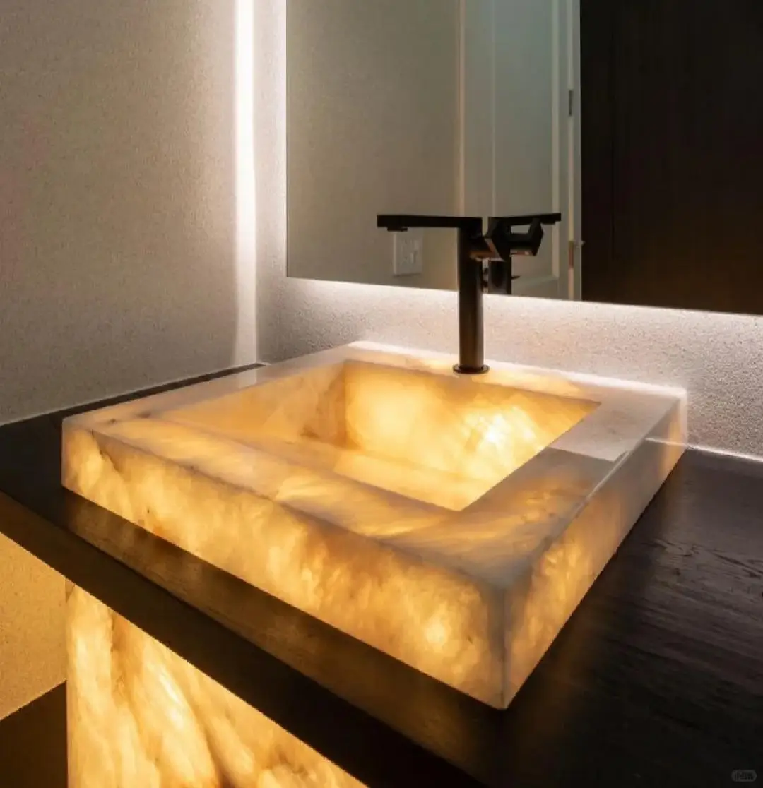 Natural White Crystal Onyx Stone Translucent Modern Waterproof Washbasin Sink for Villa Interior Bathroom Design