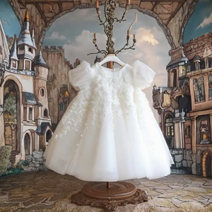 Floral Summer Lace Solid Vintage Little Girls Princess Wedding Dress with Fluffy Skirts for Baby Birthday Party