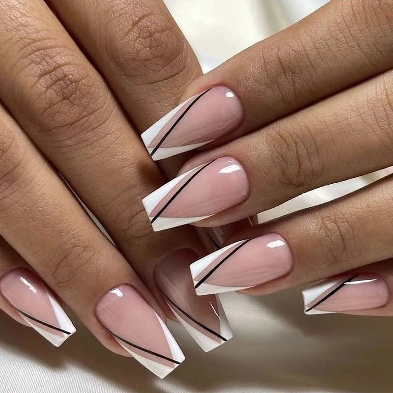 Schne Mittellange Ballerina Glnzende Franzsische Nageldesigns Knstliche  Fingerngel Glnzend Rosa Magefertigte Aufklebngel