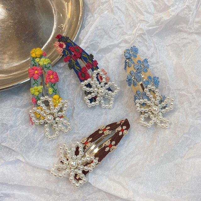 Fabric Embroidery Colorful Flower Hairgrips Pearl Elegant Handcrafted Barrettes Fresh Sweet Cute Advanced Hairpin