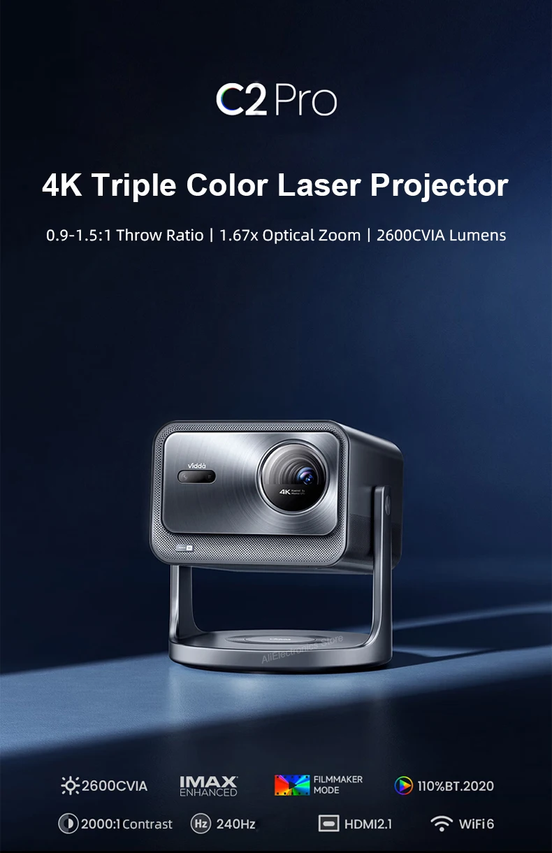 Hisense Vidda C2 Pro Triple Color Laser 4K Projector RGB Video 3D Beamer Optical Zoom Android Cinema for Home Theater 240Hz