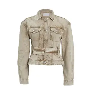 2020 New Design Beige Vintage Coat Jean for Women D-ring Belted Oversize Moto Denim Jacket