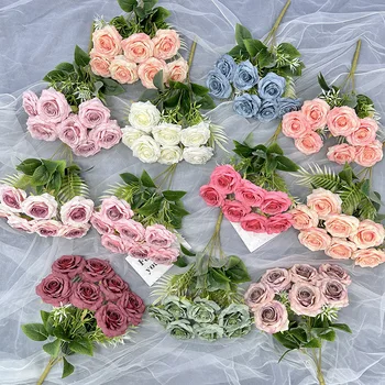 Customized 7 heads 9 heads silk rose bushes artificial flowers rose bouquet with cheap price