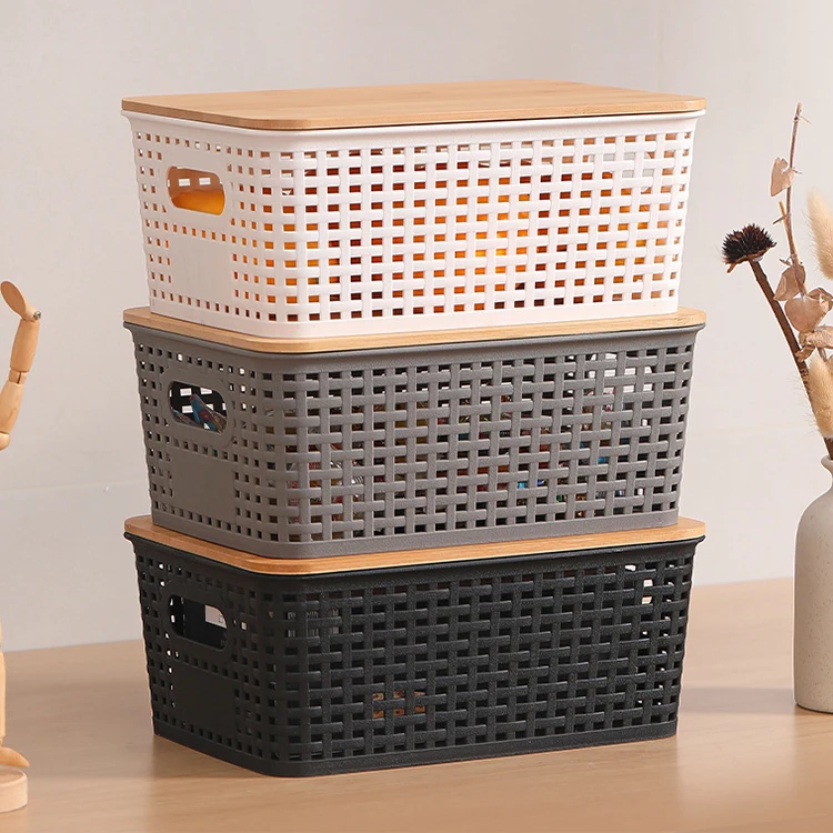 Wholesale 6 Packs Stackable Plastic Storage Bins with Bamboo Lids for Pantry Organization