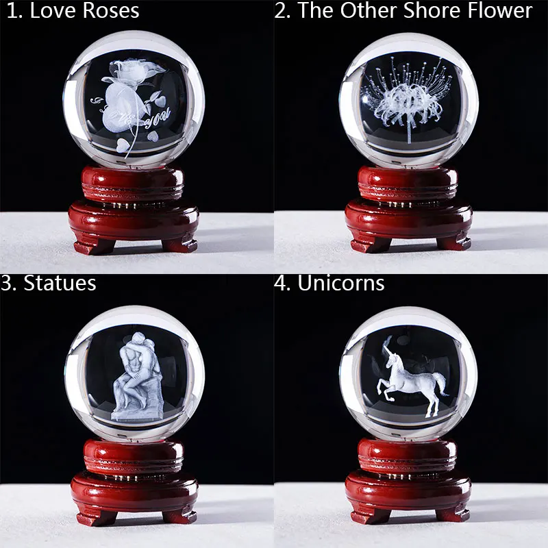 Wholesale Hot selling Gifts Wooden Base Stand Engraving Dandelion Rose Custom 3d Crystal Ball factory