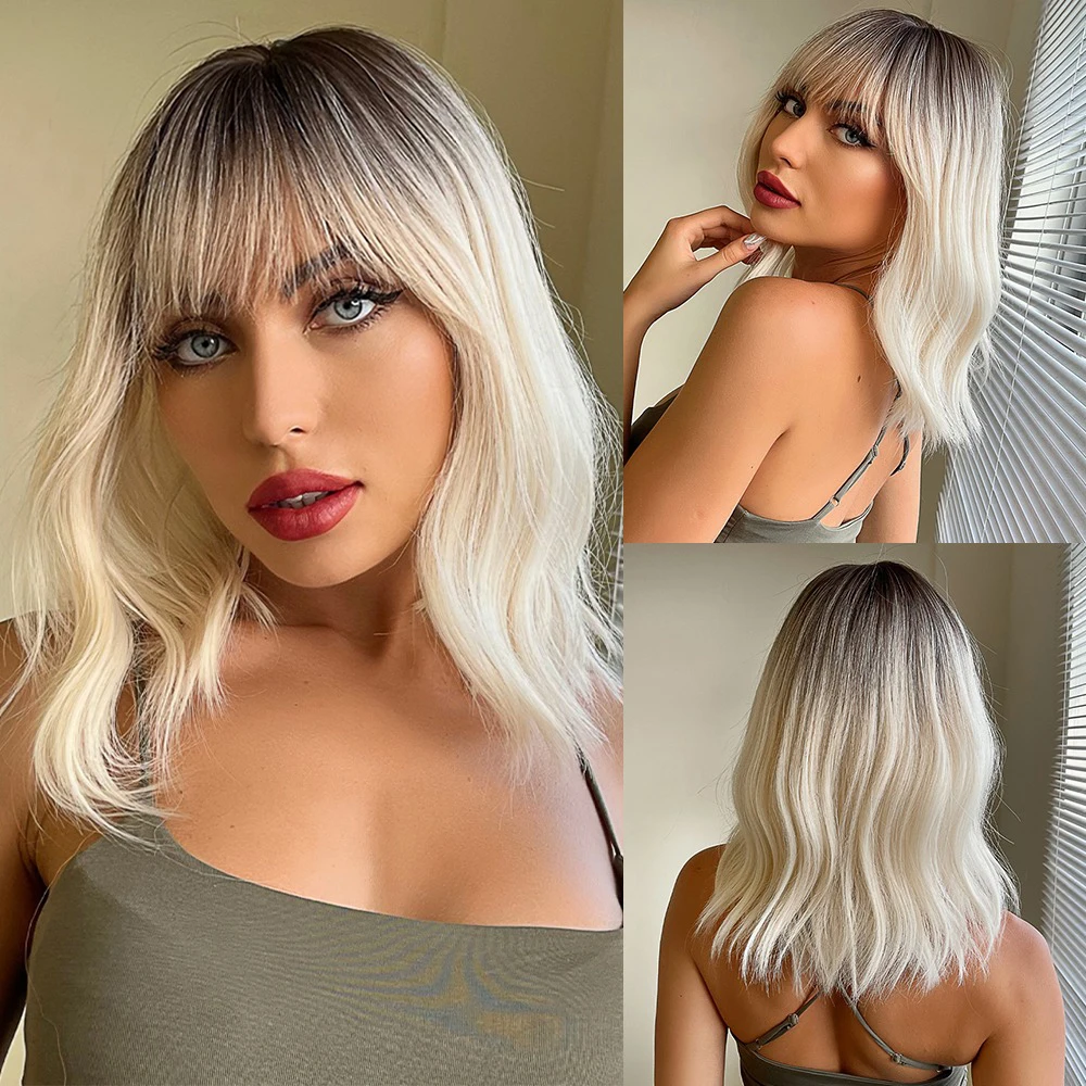 Short Platinum Blonde Synthetic Wigs with Bangs & Dark Roots 
