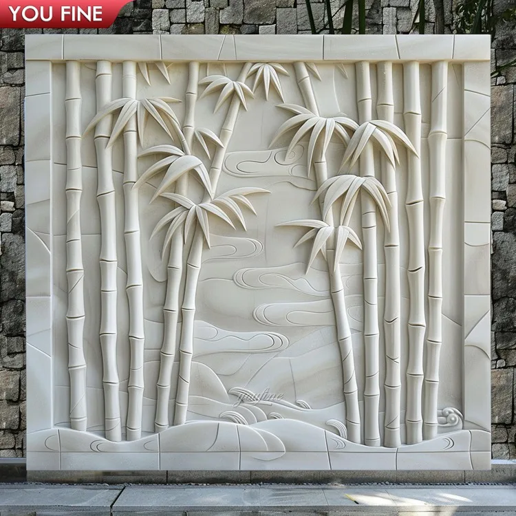 YOUFINE手彫り白大理石竹レリーフパネル伝統的な中国風壁飾り、別荘の