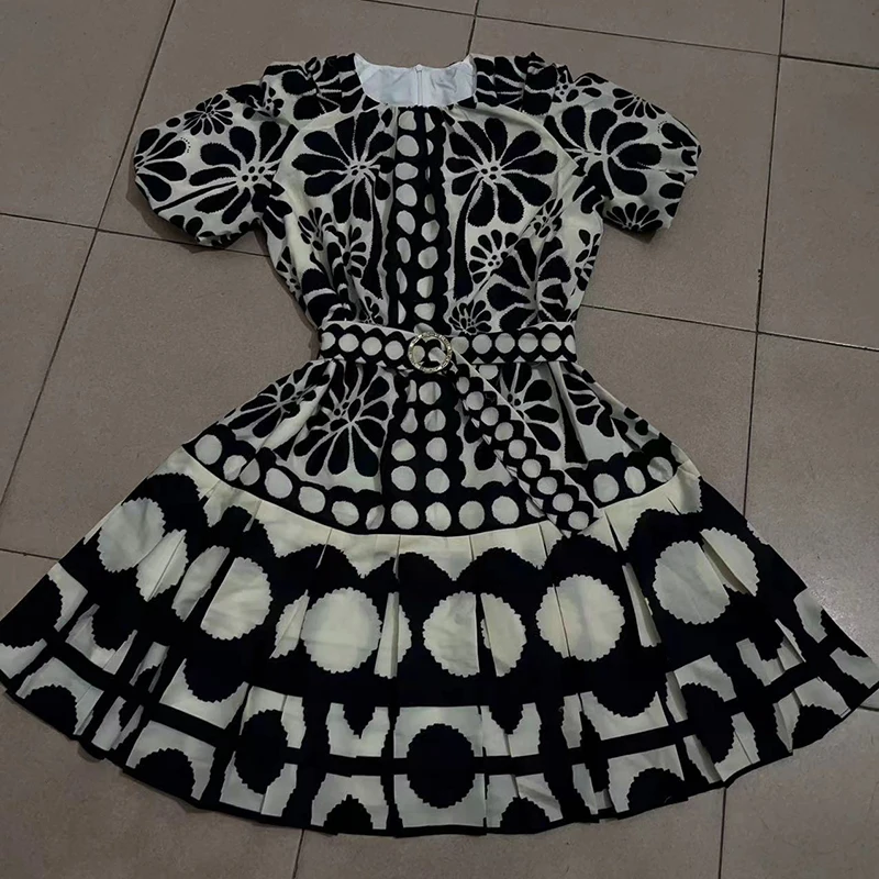 Women's Casual Summer Mini Dress with Round Neck & Patchwork Belt Hit Color Woven Ruffles Eco-Friendly Hit Color Print Dress
