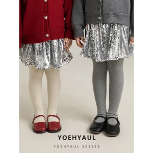 YOEHYAUL D4404 Silver Fleece Lining Kids Wear Girls Sequined Skirt Knee Length Child Winter Skirts for Girls