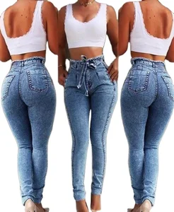 Women's Stretch Denim Jeans Snow Wash High Waist Fashion Pencil Pants Soft Fabric Skinny Long Pants Breathable Waterproof Lace