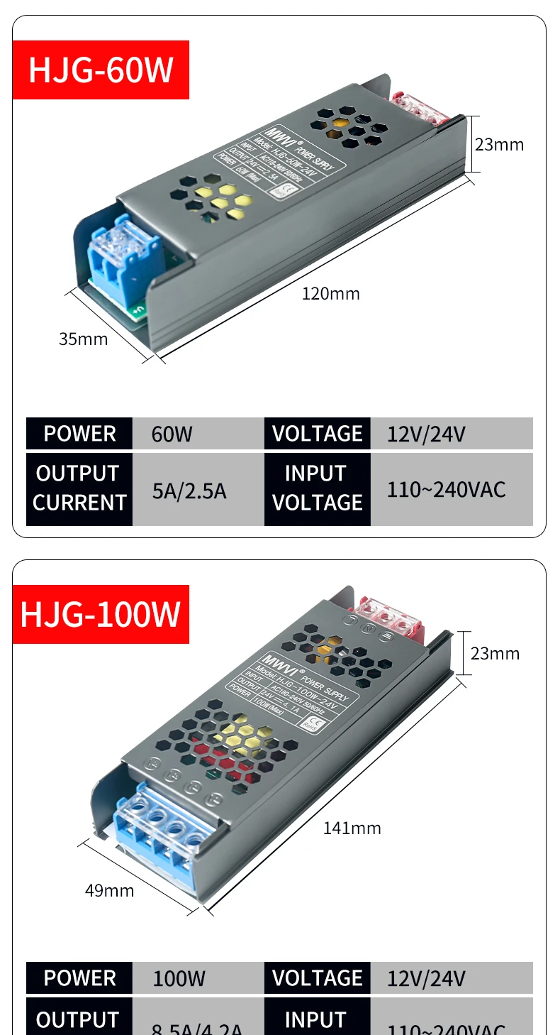 12V 24V LED Light Strip Power Supply AC DC Switching with Constant Voltage 60W-400W Range for 240V 220V 230V Input